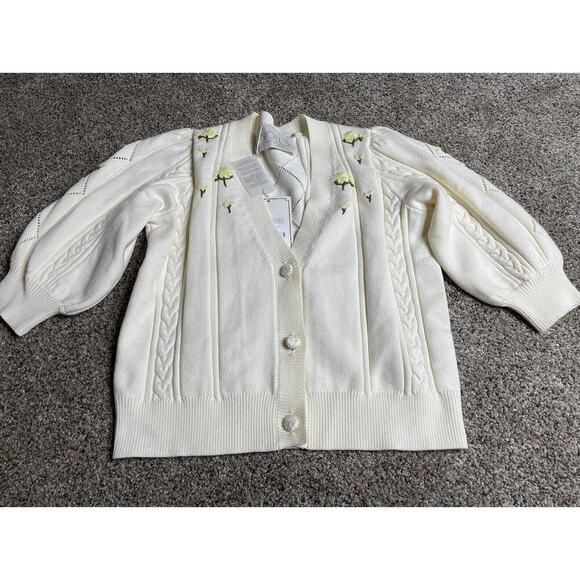 New! NOTES DU NORD Women’s Cream Cardigan Yellow Floral Sweater Size Small - Picture 2 of 6